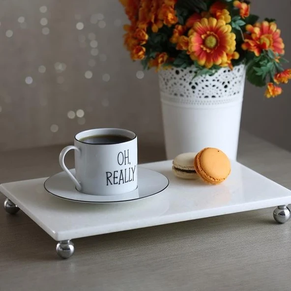 Akayev Mermer Beyaz 30x20 cm Gümüş Boncuk Ayaklı Sunum Tabağı - Resim 2