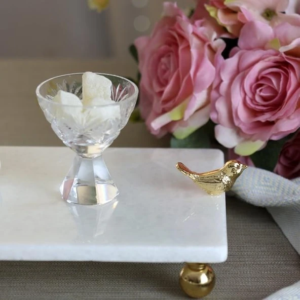 Akayev Mermer Beyaz 30x15 Cm Altın Ayak Kuş Sunum Tabağı - Resim 4