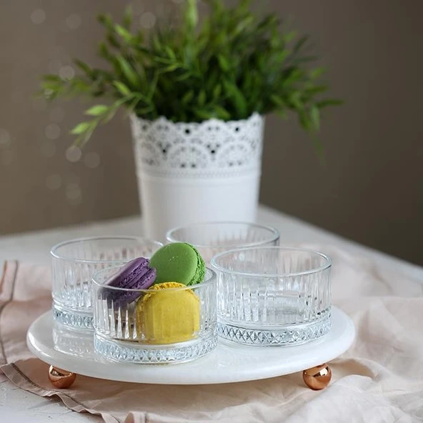 Akayev Mermer Beyaz 25 Cm Rose Gold Boncuk Ayak Elysia 4'lü Reçellik İkramlık - Resim 2