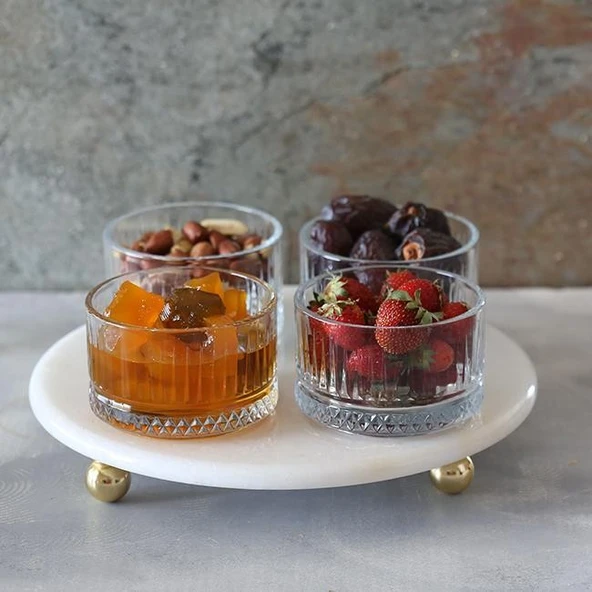 Akayev Mermer 25 Cm Altın Boncuk Ayaklı Elysia 4lü Reçellik İkramlık - Resim 3