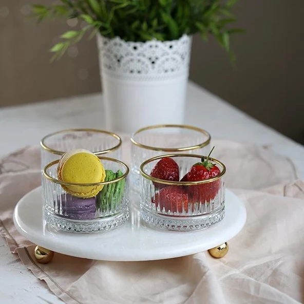 Akayev Mermer Beyaz 25 Cm Boncuk Ayak Gold Elysia 4'lü Reçellik İkramlık ürün görseli