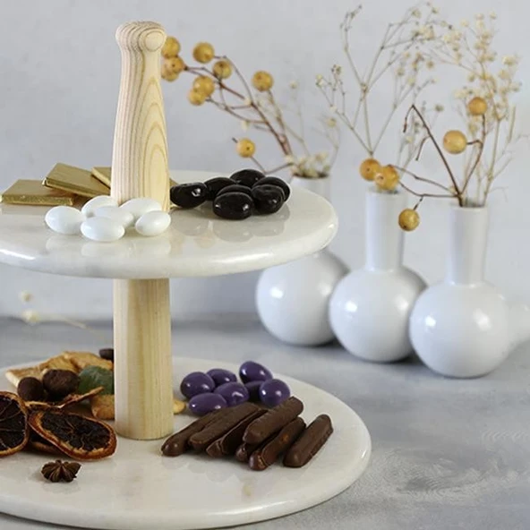 Akayev Mermer Ahşap Ayaklı İki Katlı Sunum Tabağı - Resim 2