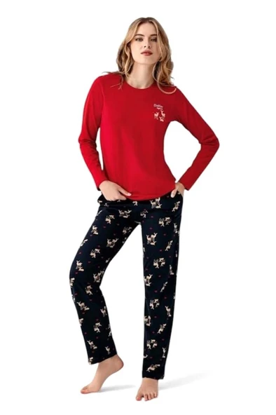 Arnetta %100 Pamuk Geyik Desen Bayan Pijama Takım - Resim 7