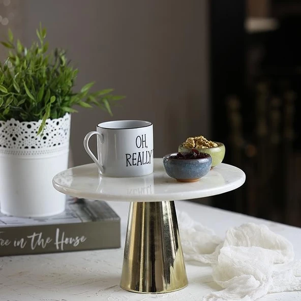 Akayev Mermer 25 Cm Altın Konik Ayak Beyaz Sunumluk ürün görseli