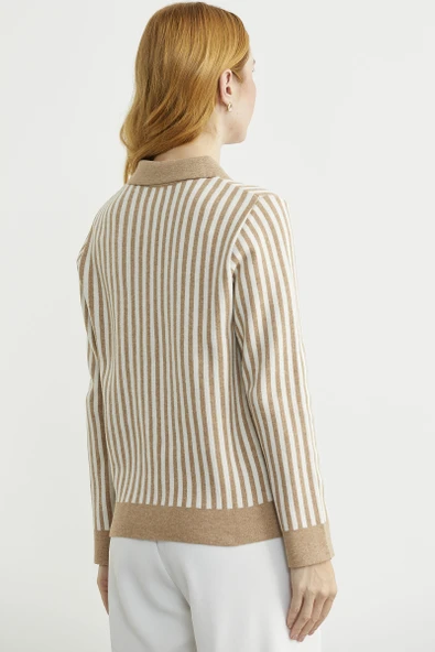 Çizgi Detaylı Yakalı Triko Ceket - Bej - Resim 5