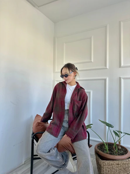 Kadın Oduncu Gömlek Bordo-Kahverengi - Resim 6