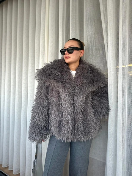 Kadın Kürk Mont Antrasit - Resim 4