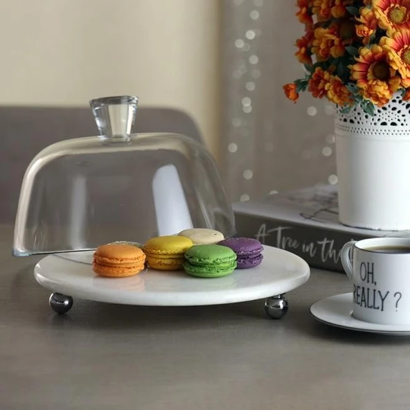 Akayev Mermer Beyaz 25 Cm Gümüş Boncuk Ayak Cam Fanus - Resim 5