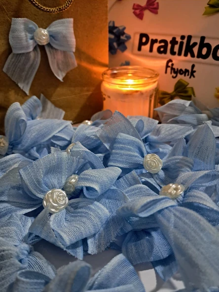 Pratikbox Keten Büyük Boy Fiyonk / 2,5 cm'lik / Hediyelik / Süsleme /Mavi Renk/Yarım Çiçek İnci / 50 Adet - Resim 2