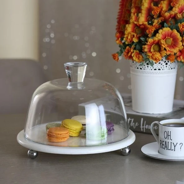 Akayev Mermer Beyaz 25 Cm Gümüş Boncuk Ayak Cam Fanus - Resim 2