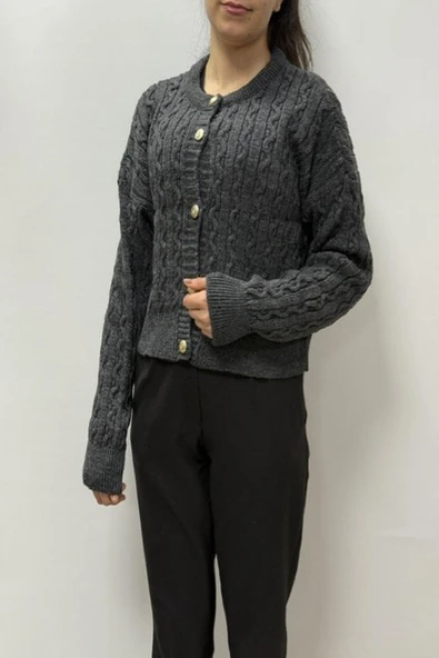 Hipatu Saç Örgü Gold Düğme Hırka(1802) ürün görseli 1