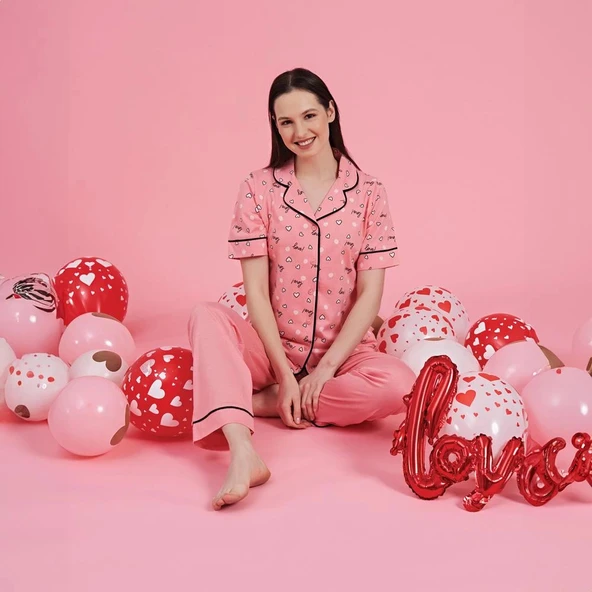 Over Sleep 983 Kadın Kısa Kol Önden Düğme Pijama Takım ürün görseli 1