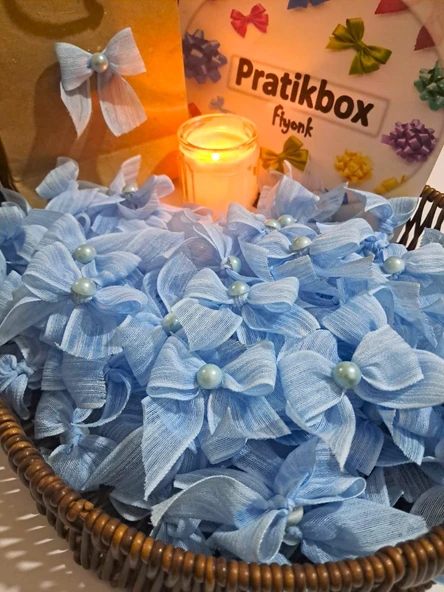 Pratikbox Keten Büyük Boy Fiyonk / 2,5 cm'lik / Hediyelik / Süsleme /Mavi Renk/Yarım İnci / 50 Adet ürün görseli 1