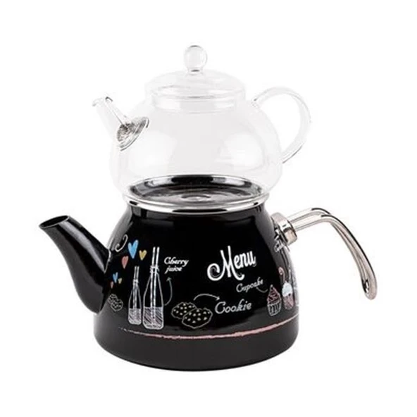 Tantitoni Love Menu Cam Demlikli Emaye Çaydanlık Takımı 980ml/2200ml ürün görseli