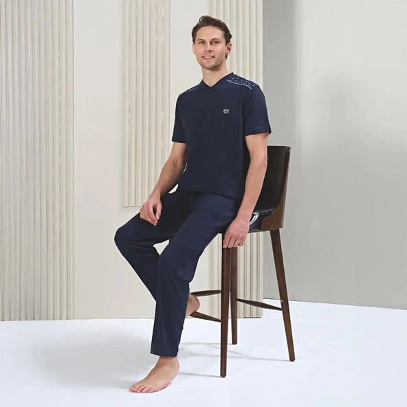 Over Sleep 1718 Erkek Kısa Kol Uzun Alt Yazlık Büyük Beden Pijama Takım ürün görseli 1