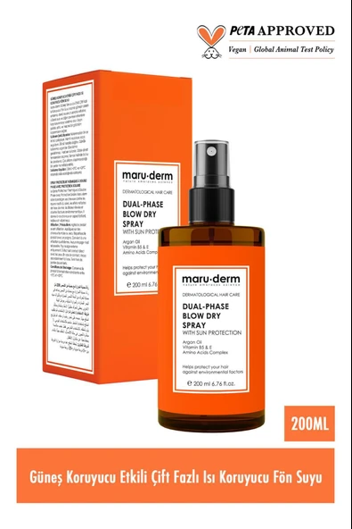 Maruderm Çift Fazlı Isı Koruyucu Güneş Koruyucu Etkili Fön Suyu Tüm Saç Tipleri Vegan 200 ml - Resim 3