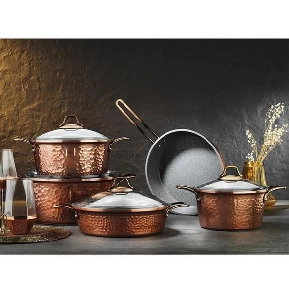 Brioni Copper 9 Parça Yanmaz Yapışmaz Bakır Görünümlü Granit Tencere Seti ürün görseli
