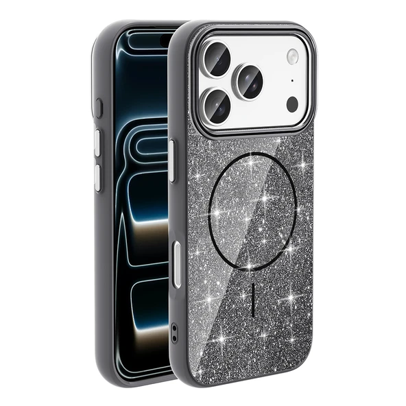 iPhone 17 Pro Kılıf M-safe Şarj Özellikli Parlayan Simli Okso Kılıf - Resim 3