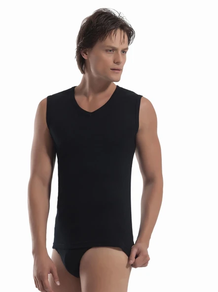 Öztaş 1057 Erkek Kolsuz Siyah Ribana V-Yaka Atlet ürün görseli 1