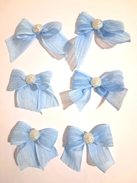 Pratikbox Keten Büyük Boy Fiyonk / 2,5 cm'lik / Hediyelik / Süsleme /Mavi Renk/Yarım Çiçek İnci / 50 Adet - Resim 5