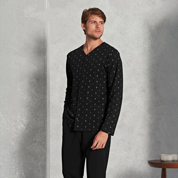 Over Sleep 1579 Erkek Kışlık Büyük Beden Uzun Kol İnterlok Önden Düğme Pijama Takım ürün görseli 1