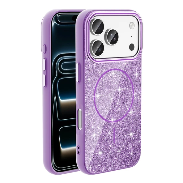 iPhone 17 Pro Kılıf M-safe Şarj Özellikli Parlayan Simli Okso Kılıf - Resim 6