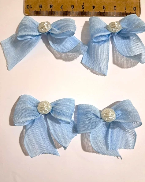 Pratikbox Keten Büyük Boy Fiyonk / 2,5 cm'lik / Hediyelik / Süsleme /Mavi Renk/Yarım Çiçek İnci / 50 Adet - Resim 3