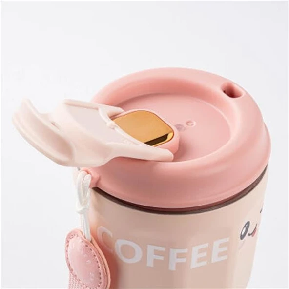 Tantitoni Okadı Pratik Pembe Paslanmaz Çelik Termos Bardak 380ml - Resim 2