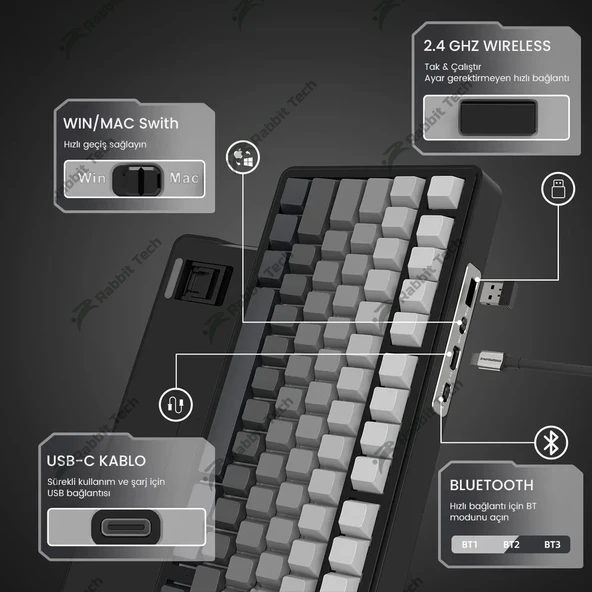 Black Gradiant RGB Kablosuz Hotswap Mekanik Gaming Klavye Oyuncu Klavye - Resim 6