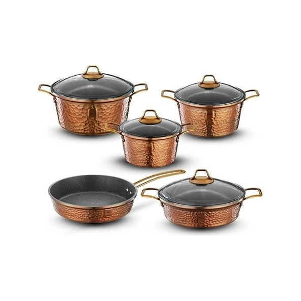 Brioni Copper 9 Parça Yanmaz Yapışmaz Bakır Görünümlü Granit Tencere Seti - Resim 2