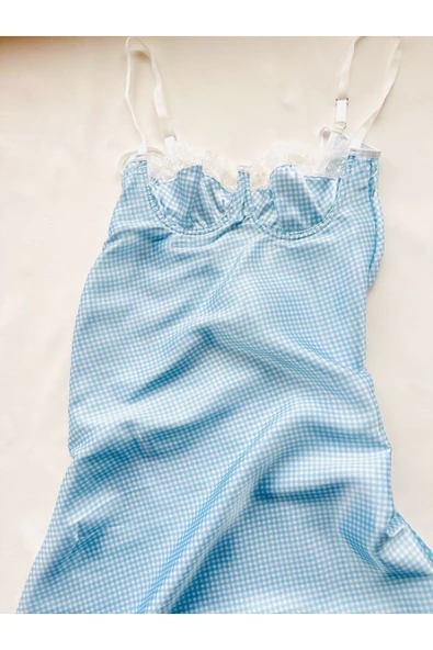 JUPİEL Lingerie Kadın Kare Dantel Detaylı Mavi Mini Saten Gecelik - Resim 2