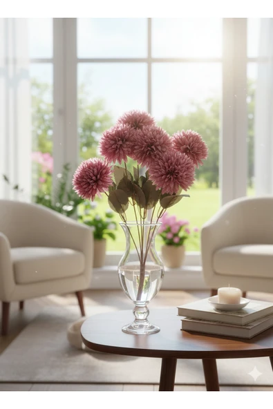 7 dallı koyu fuşya kartopu çiçeği 41 cm ev vazo dekor ürün görseli