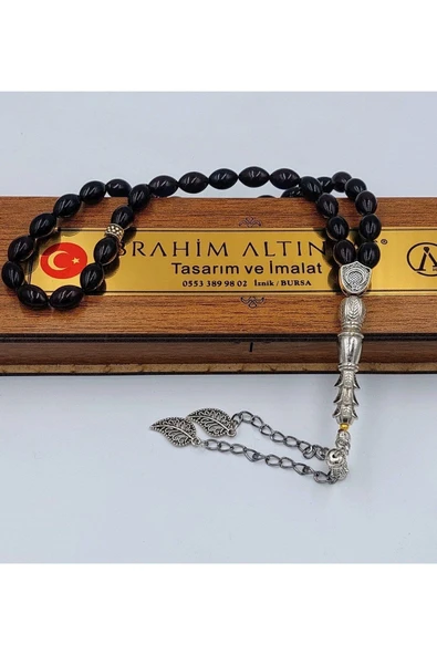 Alpaka Püskül Lacivert Siyah  Arpa Kesim Ateş Kehribar Tespih (AHŞAP KUTULU) - Resim 5