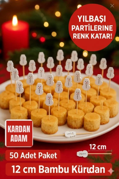 50’li Yılbaşı Kardan Adam Figürlü 12 cm Bambu Kürdan – Pasta Cupcake Süsleme Çubuğu Seti ürün görseli 1