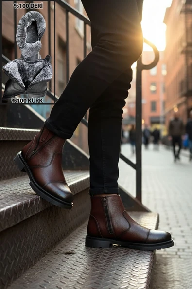 Big King İçi Kürklü Fermuarlı Chelsea Hakiki Deri Erkek Bot - Resim 9