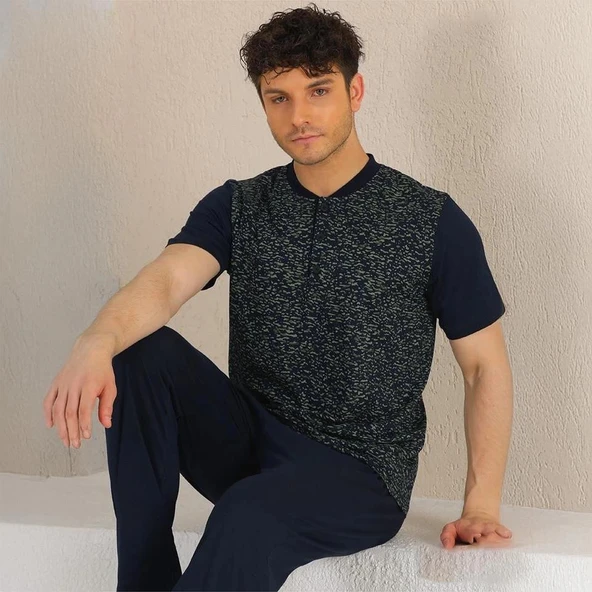 Over Sleep 646 Erkek Pamuk Kısa Kol Pijama Takım - Resim 2