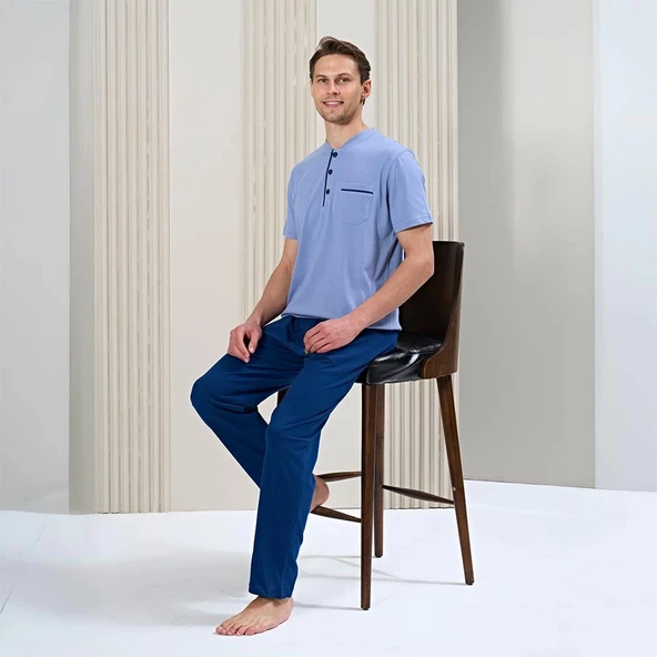 Over Sleep 1715 Erkek Kısa Kol Uzun Alt Yazlık Pijama Takım ürün görseli 1