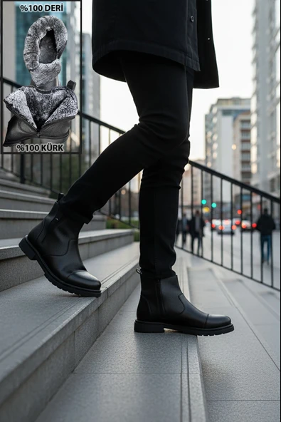 Big King İçi Kürklü Fermuarlı Chelsea Hakiki Deri Erkek Bot - Resim 5