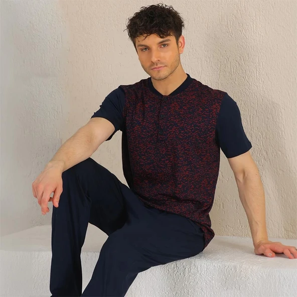 Over Sleep 644 Erkek Pamuk Kısa Kol Pijama Takım ürün görseli 1