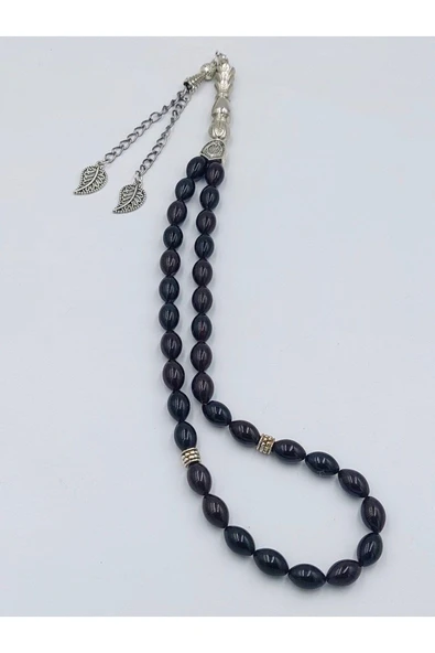 Alpaka Püskül Lacivert Siyah  Arpa Kesim Ateş Kehribar Tespih (AHŞAP KUTULU) - Resim 2