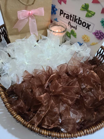 Pratikbox Fiyonk / Tül 2cm'lik /Hediyelik /Süsleme/Çift renk/Kahverengi 25 Adet ve Krem Renk 25 Adet / 50 Adet ürün görseli 1
