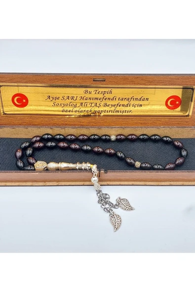 Alpaka Püskül Lacivert Siyah  Arpa Kesim Ateş Kehribar Tespih (AHŞAP KUTULU) - Resim 3