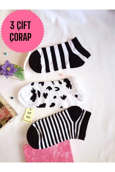 3 ÇİFT PAMUKLU PATİK ÇORAP DİKİŞSİZ KISA KONÇ DESENLİ KADIN ÇORABI 36-40 BEYAZ SİYAH ürün görseli