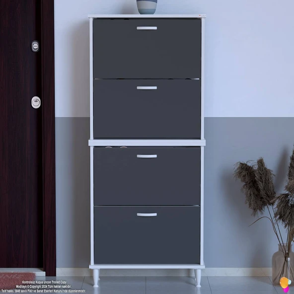 Modilayn UMAY' 2 Li Kapı Önü 72 x 168x 25,5 cm’ lik 4 Düşer Kapak 8 Göz Bölmeli Ayakkabılık - Resim 3