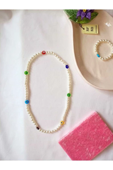 2Lİ SET İNCİ KOLYE NAZAR BONCUKLU(CAM) VE BİLEKLİK KREM İNCİLİ BONCUK MİSİNA İPLİ ESNEK HEDİYE - Resim 2