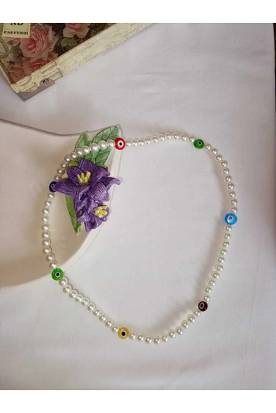 İNCİ KOLYE NAZAR BONCUKLU(CAM) KREM RENK İNCİLİ BONCUK MİSİNA İPLİ ESNEK HEDİYE 58cm - Resim 3