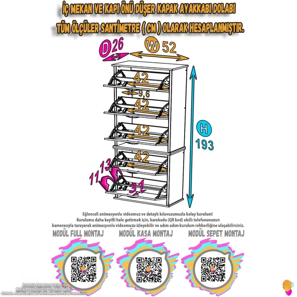 Modilayn VARBİ UMAY' 2 Li Asma Kapı Önü 52x193x25,5 cm’ lik 5 Düşer Kapak 10 Göz Bölmeli Ayakkabılık - Resim 2
