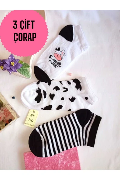 3 ÇİFT PATİK ÇORAP DİKİŞSİZ BURUN KADIN PAMUKLU KISA KONÇ DESENLİ 36-40 SİYAH BEYAZ ürün görseli