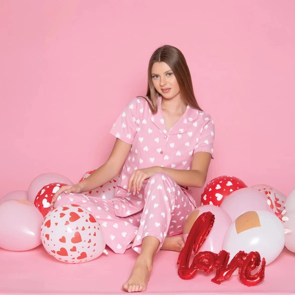 Over Sleep 996 Kadın Kısa Kol Önden Düğme Pijama Takım ürün görseli 1