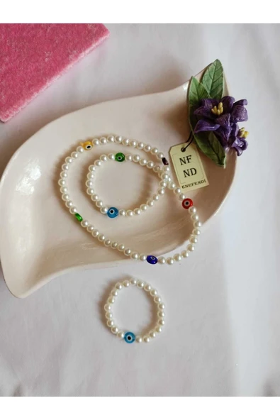 2Lİ SET İNCİ KOLYE NAZAR BONCUKLU(CAM) VE BİLEKLİK KREM İNCİLİ BONCUK MİSİNA İPLİ ESNEK HEDİYE - Resim 8